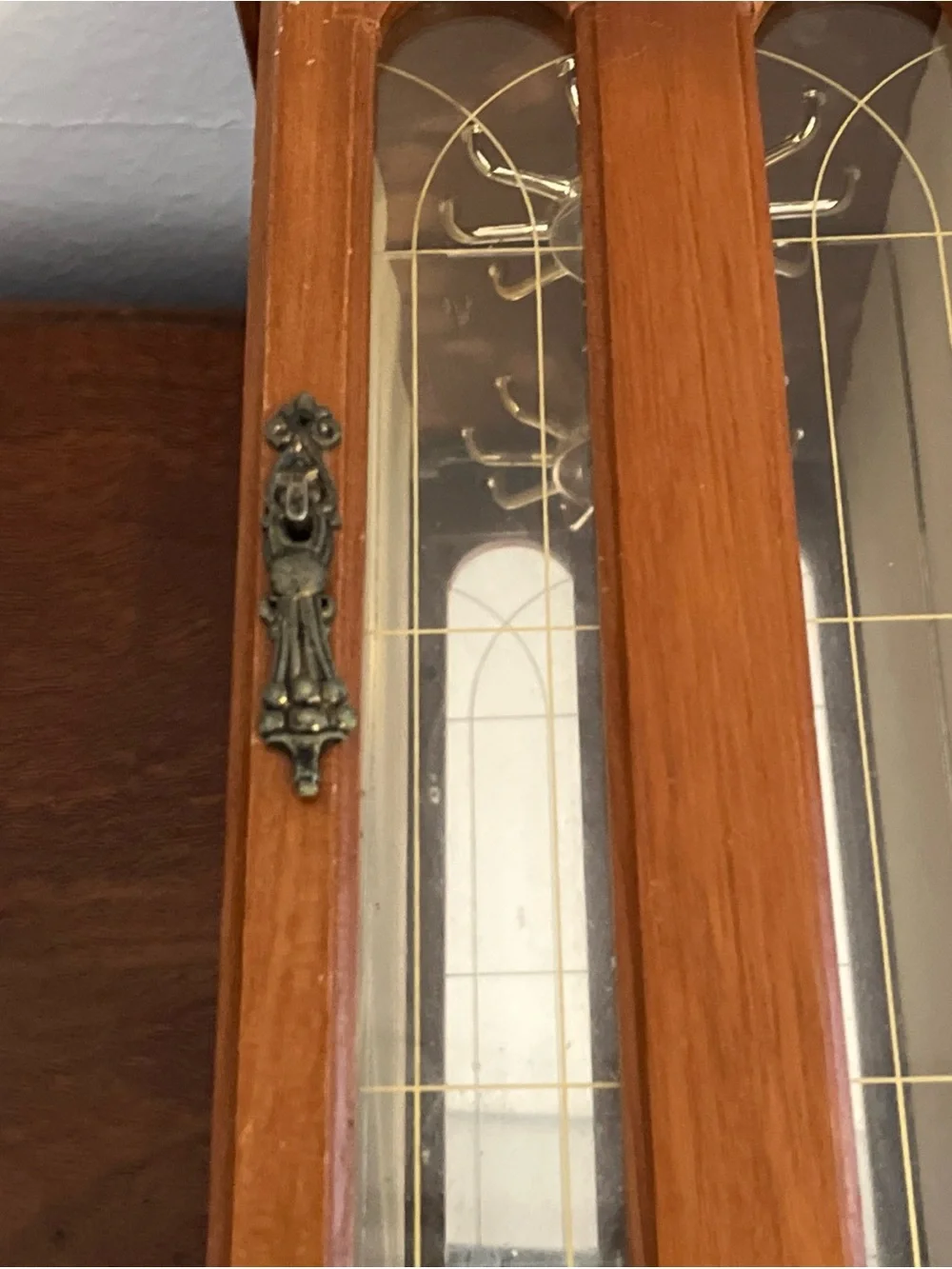 Vintage Tall Wooden Jewelry Armoire with Glass Front and Rose Detail